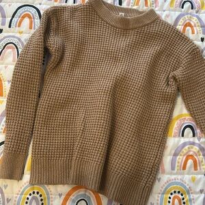 Tan Relaxed Fit Blouse with Long Sleeves and Waffle Knit Texture